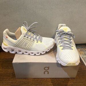 On Cloud Running White, Light Gray and Soft Yellow Shoes